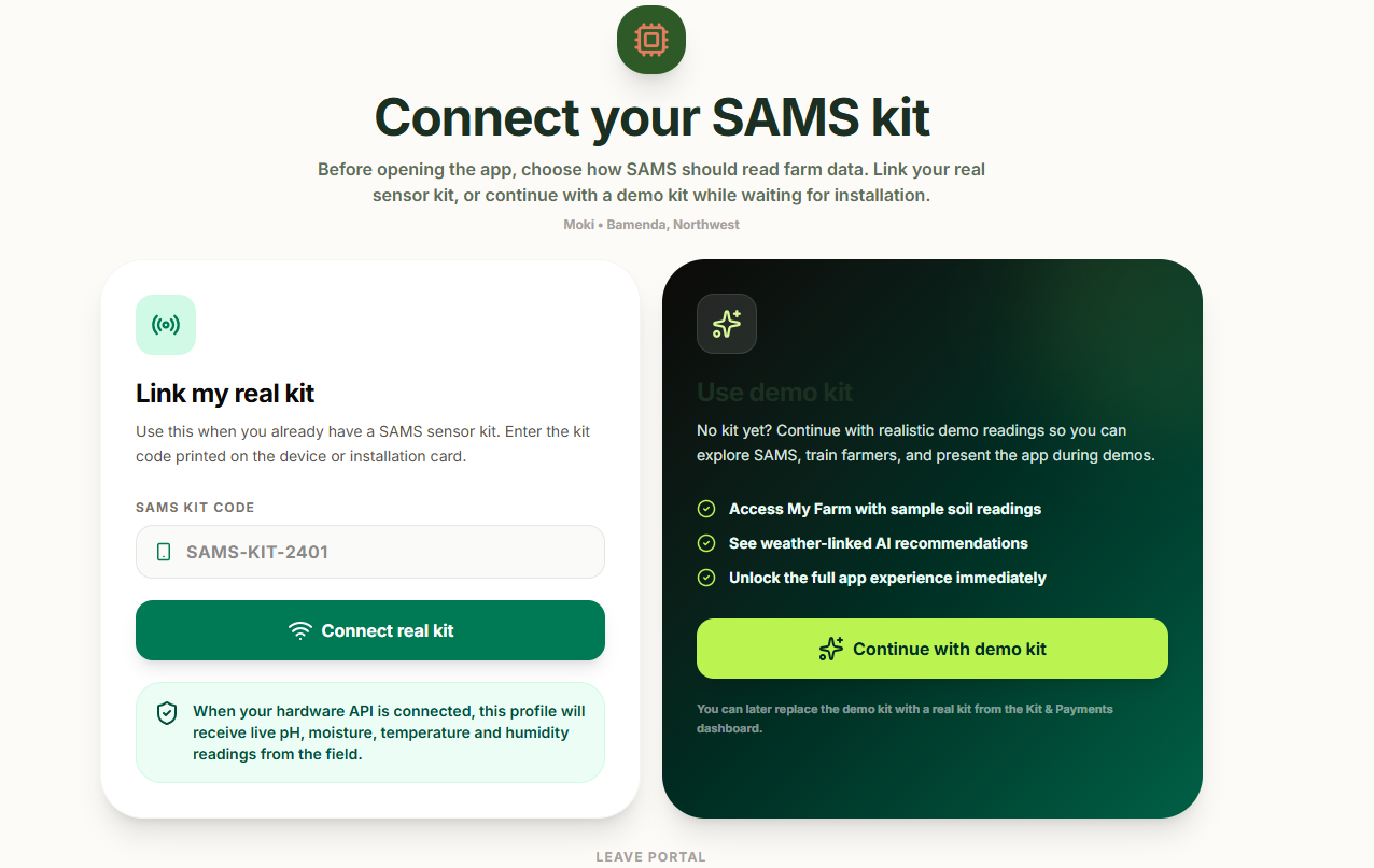 SAMS app screen for connecting to a solar-powered kit