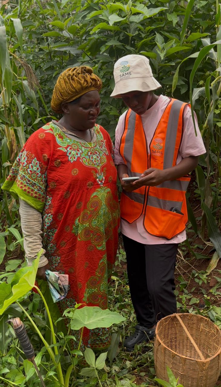 SAMS field officer showing the mobile app to a farmer in the field