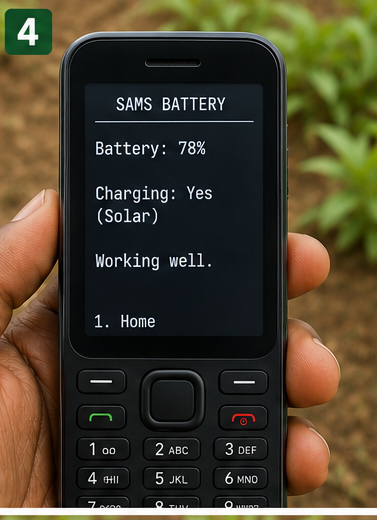SAMS USSD screen showing the solar kit battery level and charging status