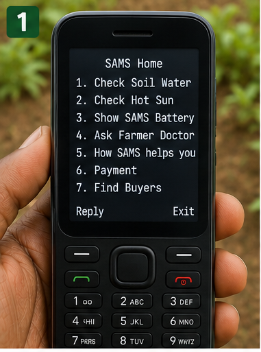 SAMS USSD home menu displayed on a basic mobile phone